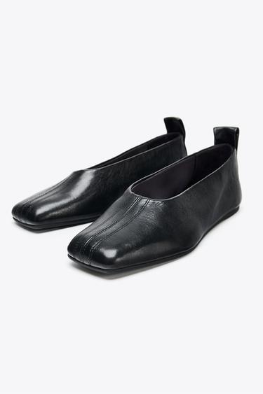 SQUARE TOE LEATHER BALLERINAS - Black by Zara - Image 1