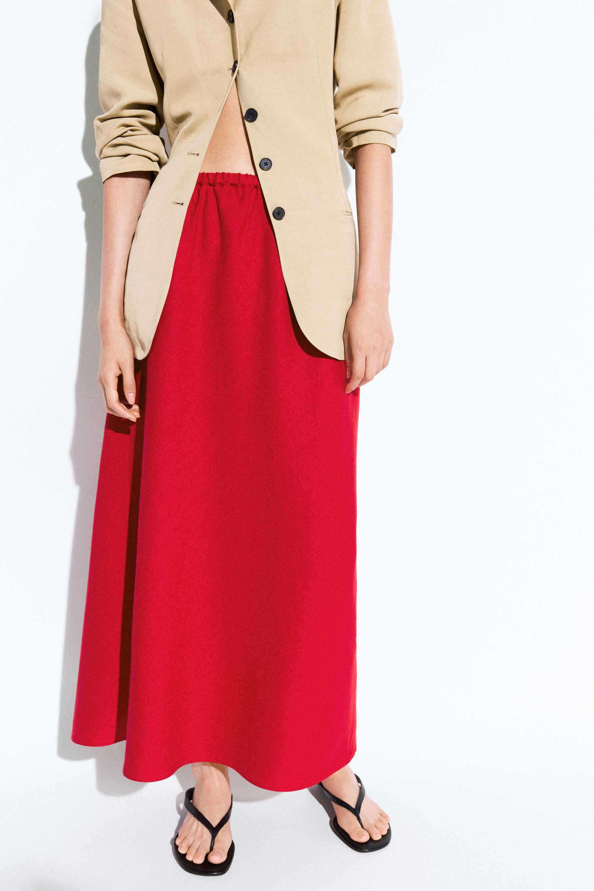 100% linen elasticated midi skirt — Red