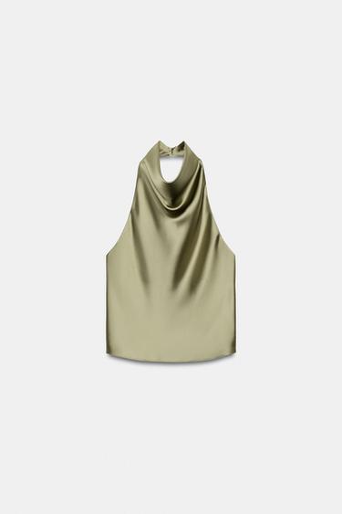 SATIN HALTER TOP - Light khaki by Zara