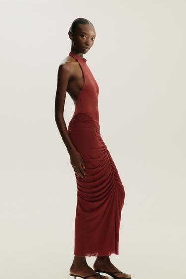HALTERNECK CONTRAST TULLE DRESS - Dark red by Zara - Image 4