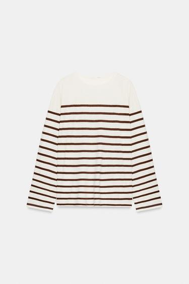 CAMISETA RAYAS ALGODÓN Y LINO - Crudo / Marrón de Zara - Imagen 0