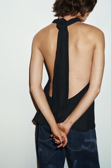 Zara TIED HALTER TOP - Black