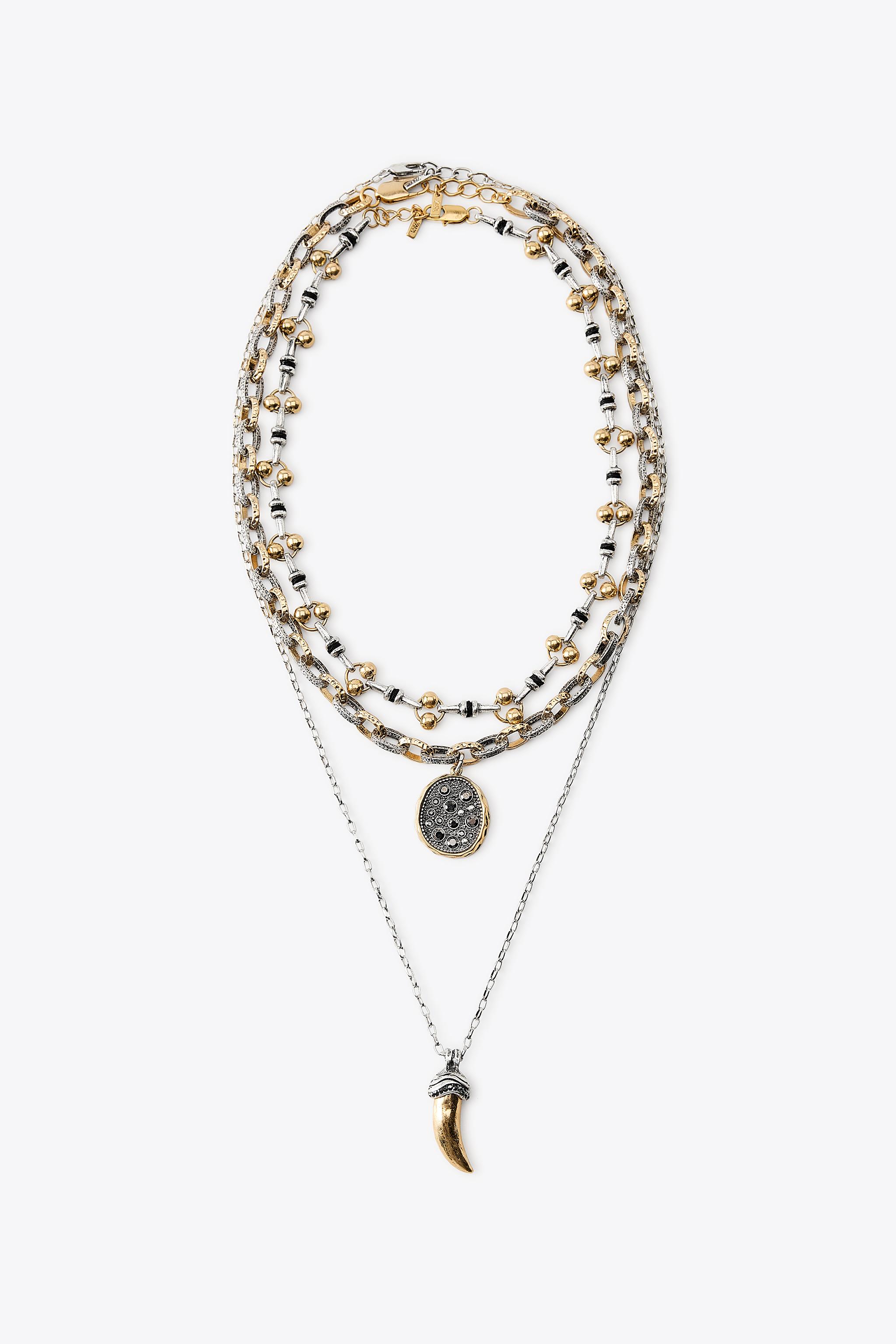 PACK OF 3 NECKLACES WITH HORN AND DIAMANTES - Golden | ZARA