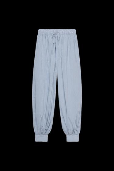 Zara STRIPED POPLIN BALLOON PANTS - Blue / White