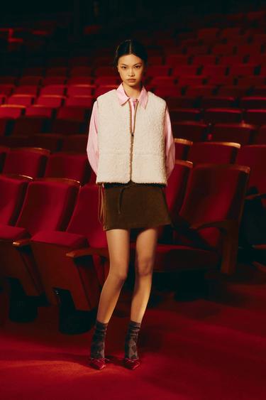 Zara 綁帶人造剪毛羊皮背心 - 磨白色