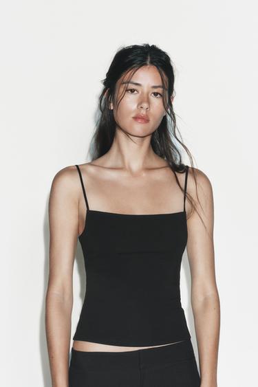 Zara 方領細肩帶上衣 - 黑色