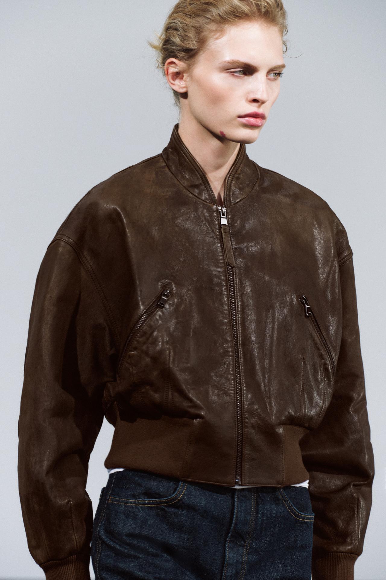 ZW COLLECTION 100% LEATHER CROPPED JACKET — Brown