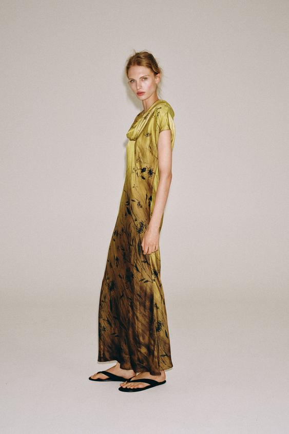 zara oversized printed dress ZARA NWT WOMAN $109 LONG PRINTED DRESS ZW COLLECTION DARK KHAKI | 8776/070