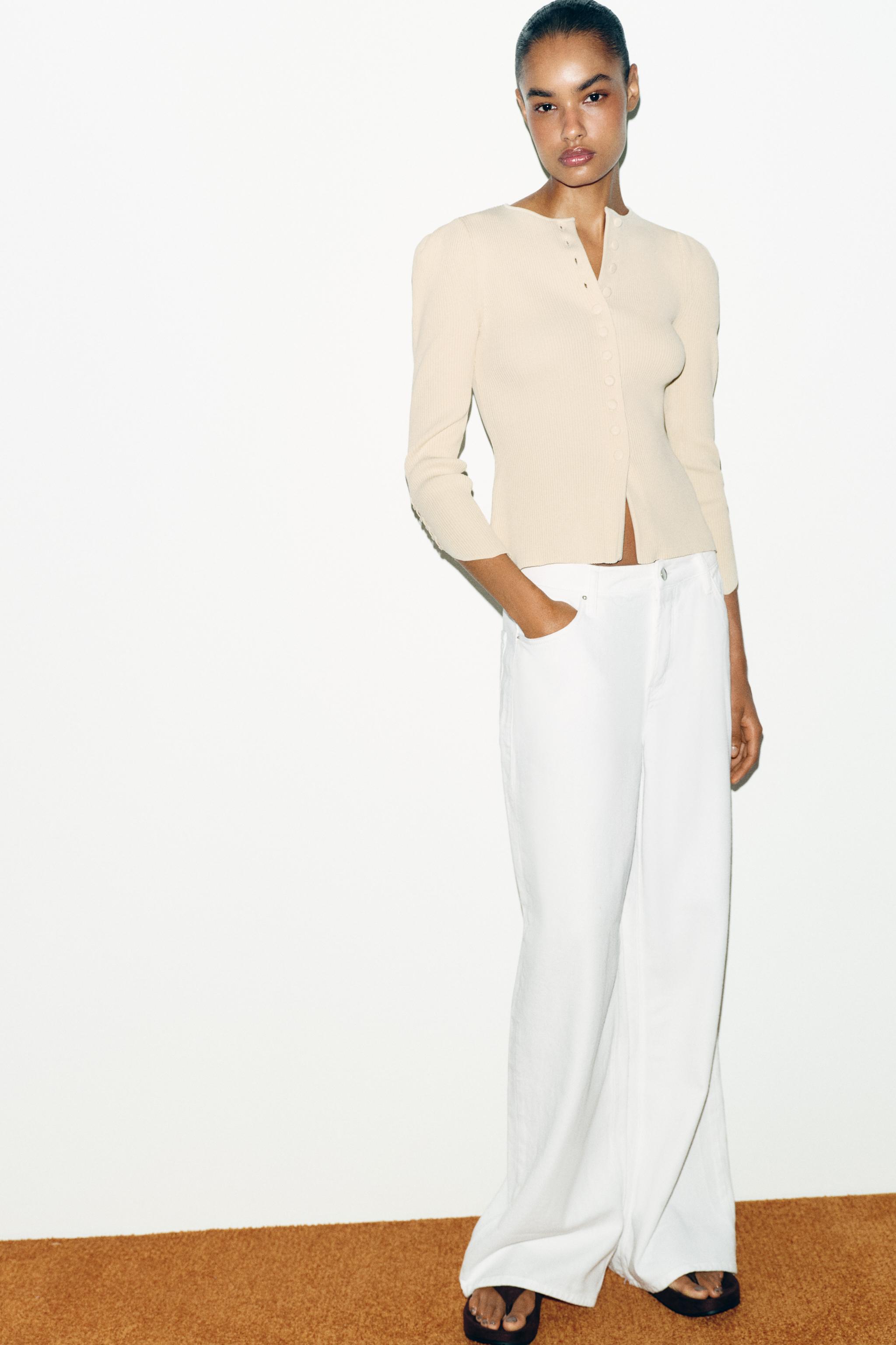 CARDIGAN WITH PUFF SLEEVES — Mid-ecru