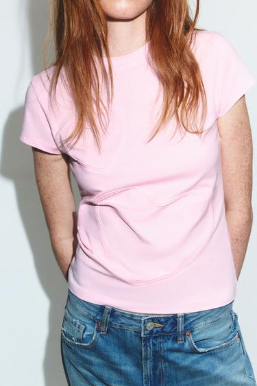 T-SHIRT CŒURS EN RELIEF - Rose de Zara - Image 1