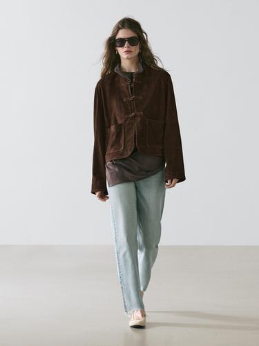 Zara Short suede leather jacket - Brown