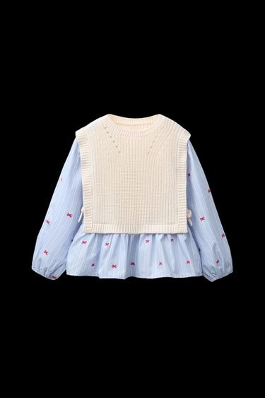 Zara BOW EMBROIDERY SHIRT WITH KNIT VEST - Ecru / Blue - Image 0