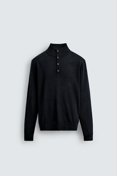 100% WOOL SWEATER WITH BUTTON NECK - Navy blue by Zara