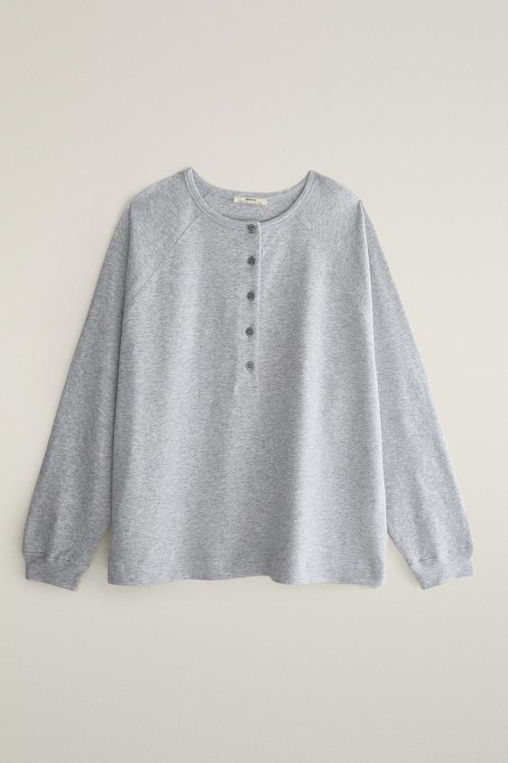 Zara LONG SLEEVE BUTTON T-SHIRT - Gray - Image 0