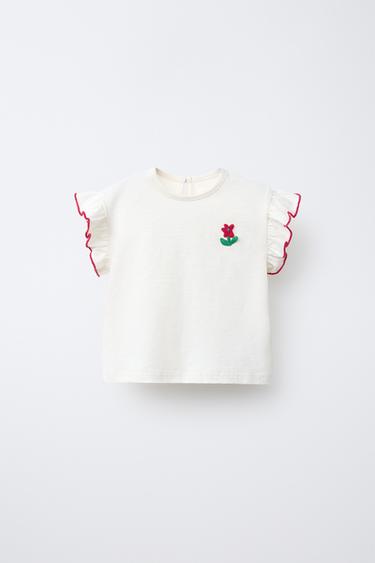 Zara FLOWER APPLIQUÉ T-SHIRT - Light ecru