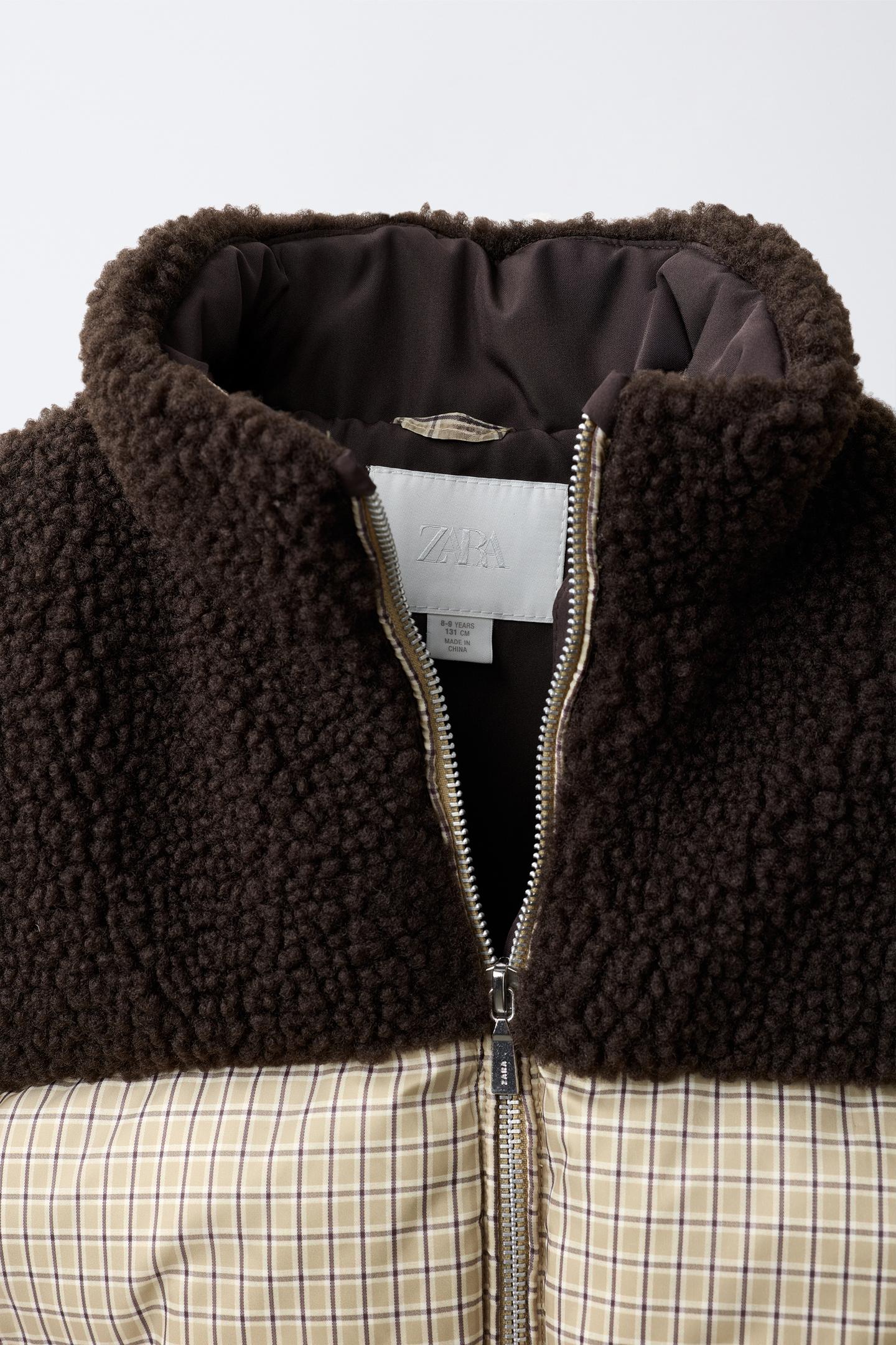Детская куртка Zara Checked Faux Shearling Padded, цвет: Экрю / Коричневый — фото 6