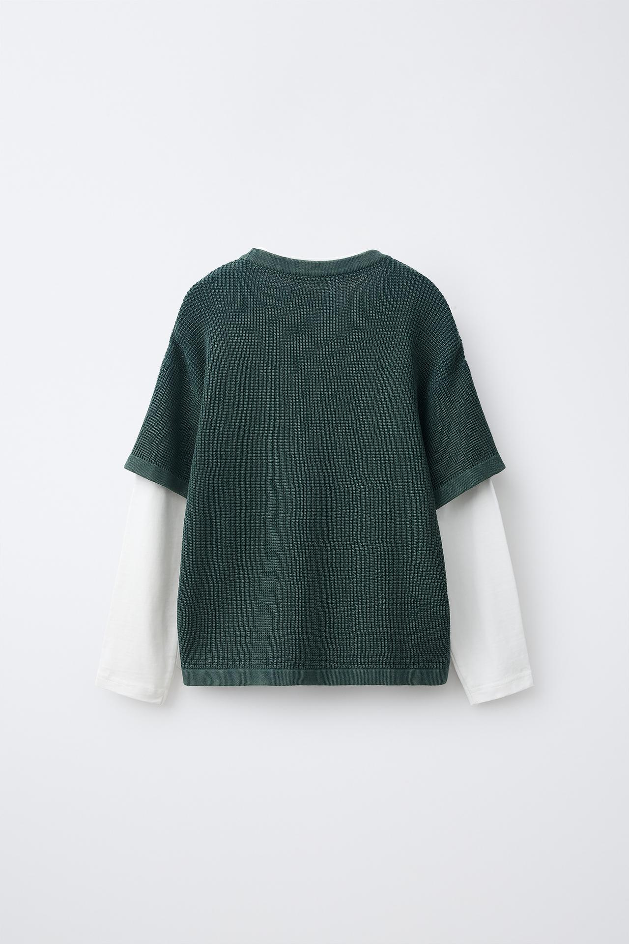 DOUBLE TEXTURE LONG SLEEVE T-SHIRT — Green / Ecru