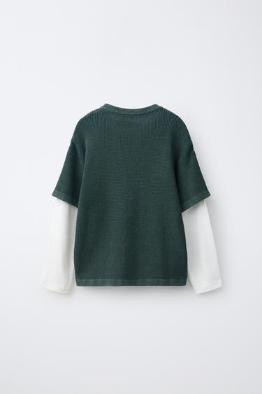 DOUBLE TEXTURE LONG SLEEVE T-SHIRT — Green / Ecru 2