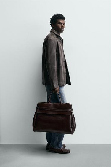 LEATHER JACKET WITH POCKETS - Dark brown by Zara - Image 3