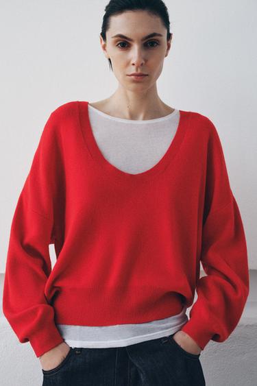 DEEP V-NECK KNIT JUMPER - Red by Zara