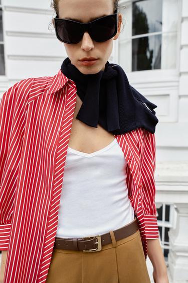 STRIPED PUFF SLEEVE SHIRT - Red / White by Zara