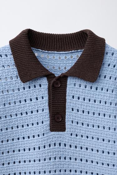 CROCHET KNIT POLO SHIRT - Pastel blue by Zara - Image 2