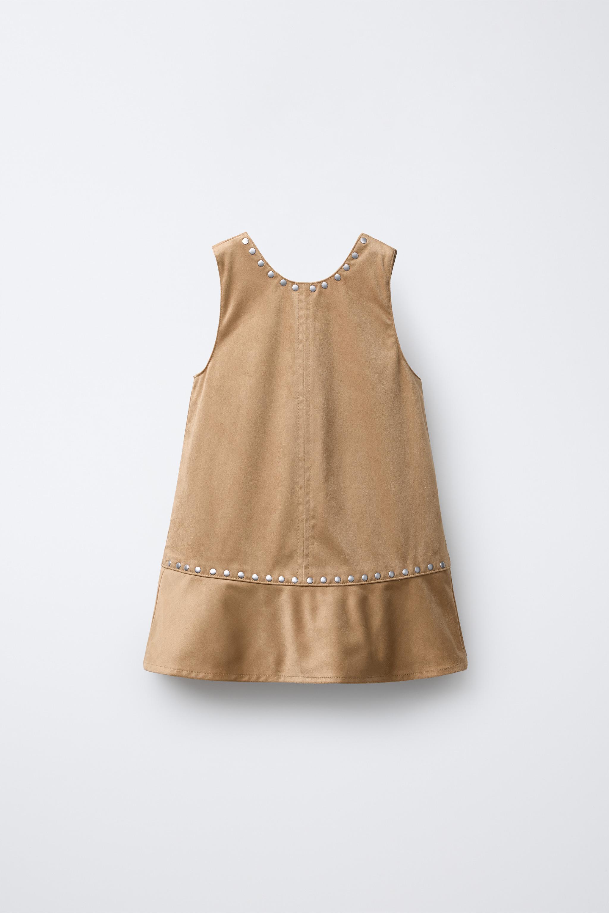 STUDDED FAUX SUEDE DRESS — Light camel