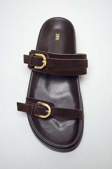 DOUBLE-BUCKLE LEATHER SANDALS - Brown by Zara
