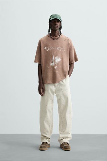 CAMISETA PUNTO ESTAMPADO CONTRASTE - Teja de Zara - Imagen 0