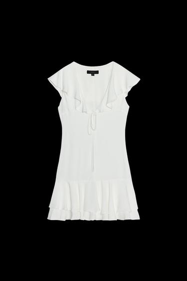 Zara RUFFLED TIE SHORT DRESS - Ecru - Image 0