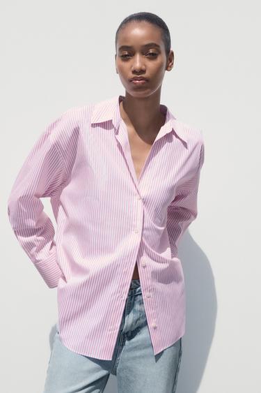 Zara METALLIC THREAD STRIPE POPLIN SHIRT - Pink / White