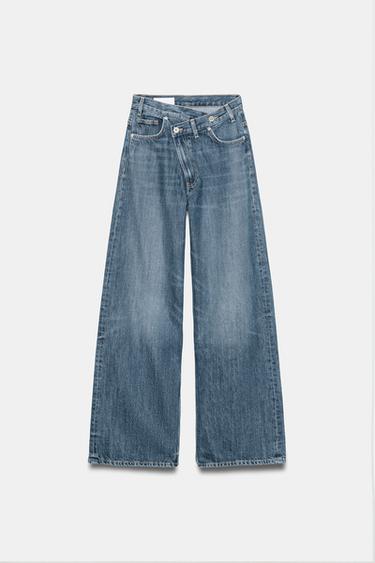 JEANS TRF WIDE LEG خصر متقاطع خصر عالٍ - أزرق / رمادي الخاص بـ Zara