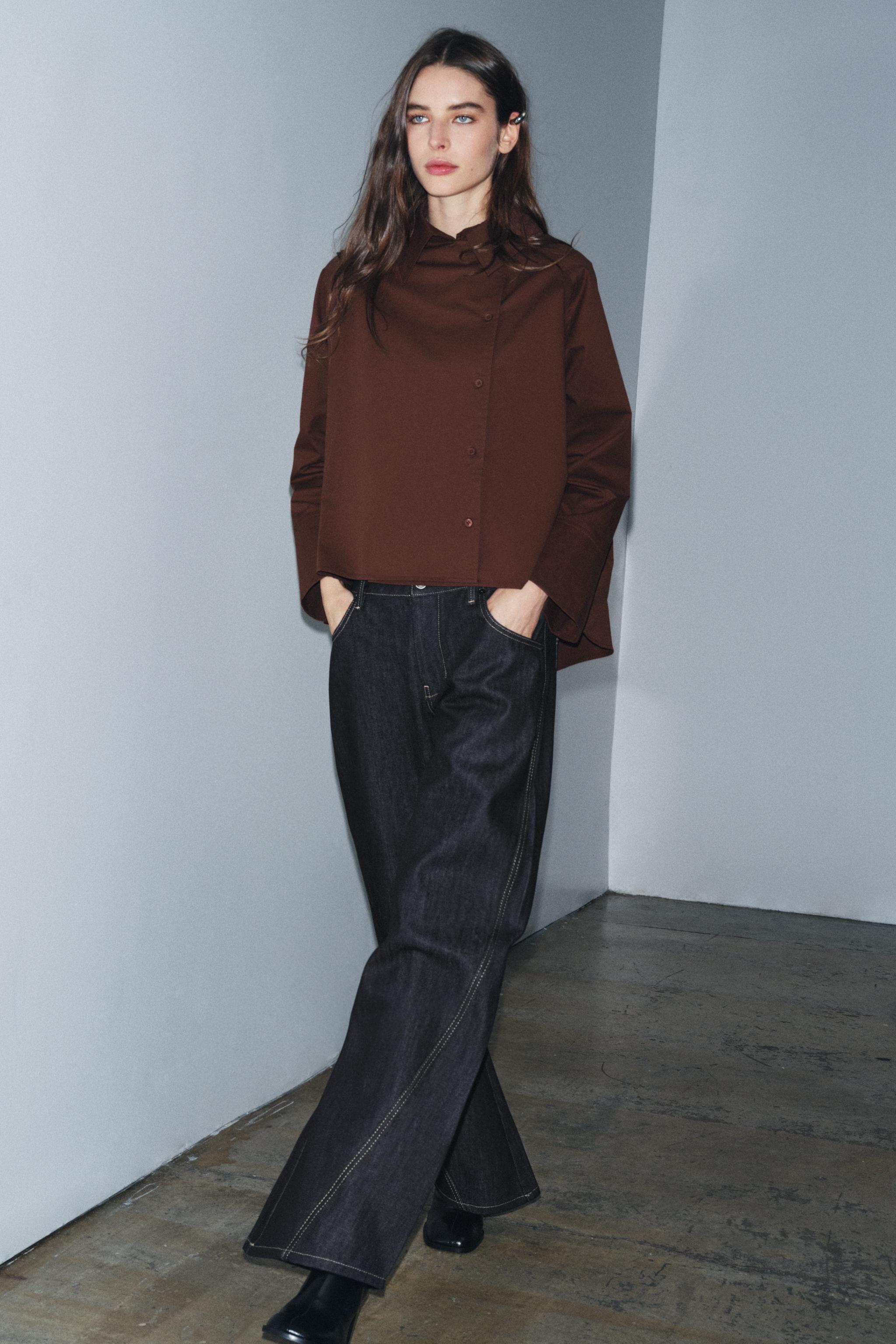 ZW COLLECTION OVERSIZED PLEATED SHIRT - Brown | ZARA United States