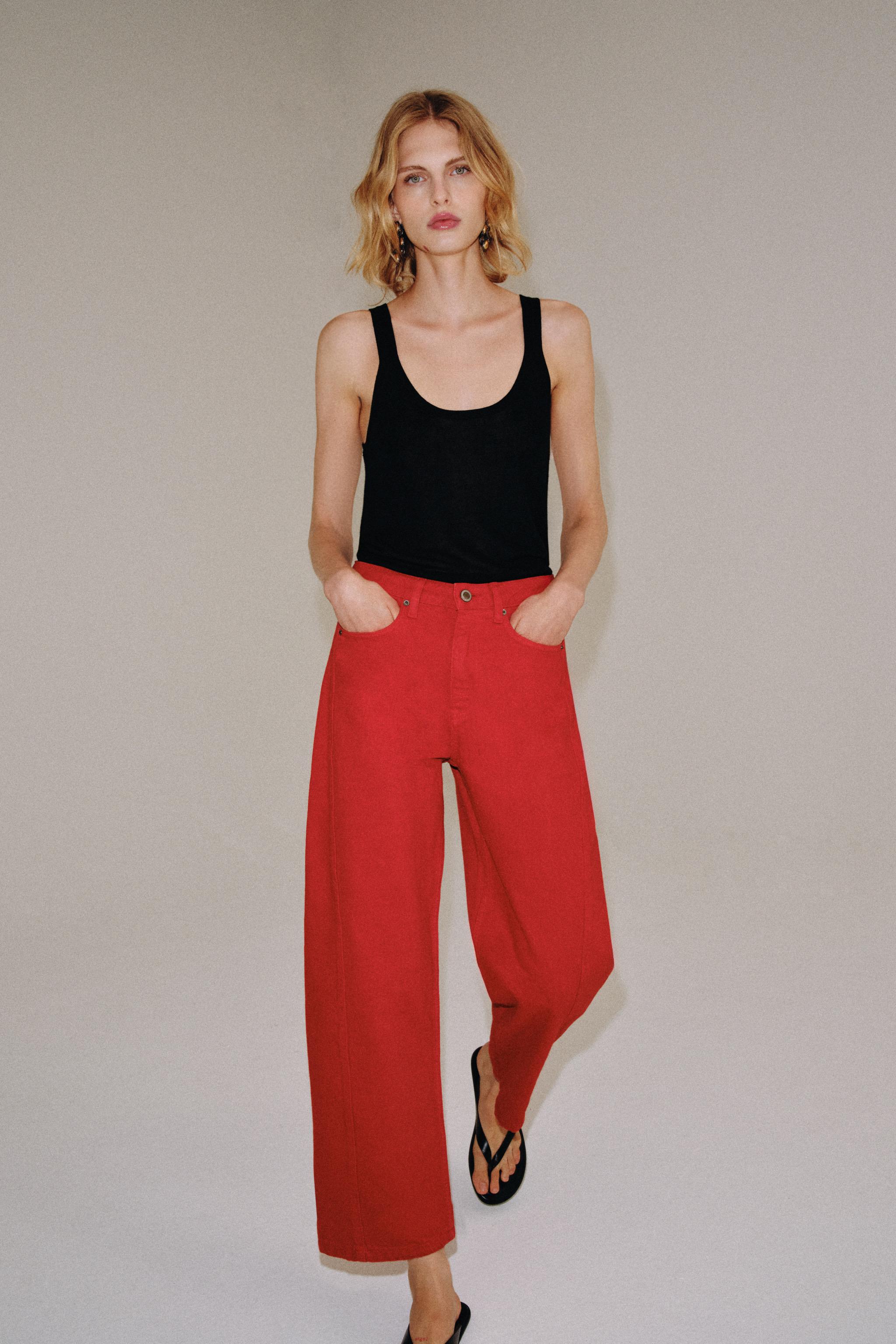ZW COLLECTION ミッドライズ リラックスデニムパンツ - レッド | ZARA
