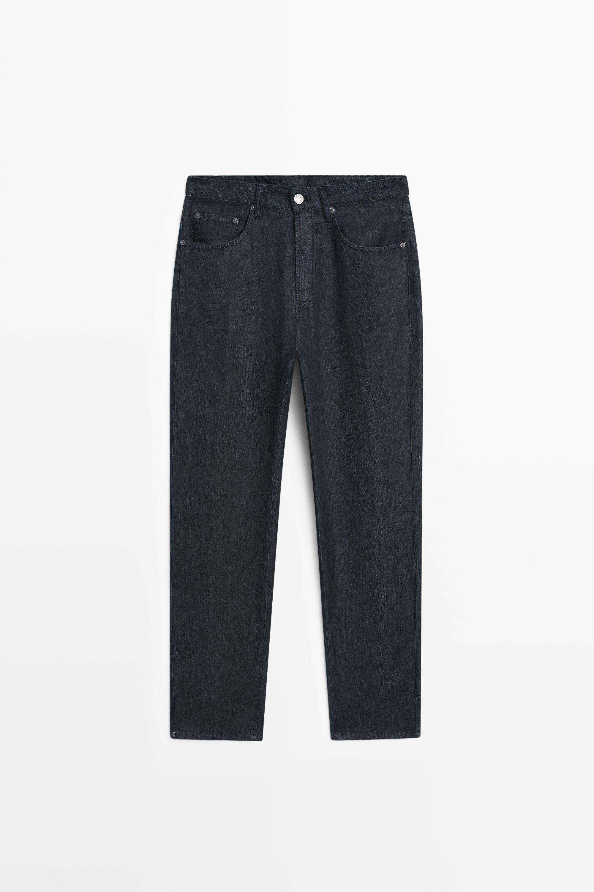 Straight-leg linen denim-effect pants - Navy blue | ZARA United States
