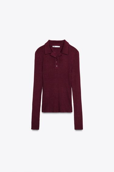 СВИТЕР ПОЛО В РУБЧИК — ЦВЕТ БУРГУНДСКОГО ВИНА от Zara