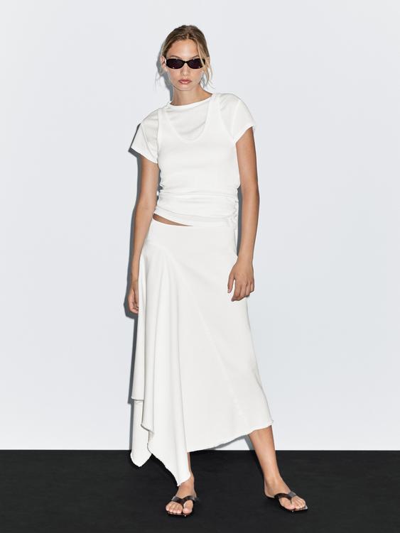 Asymmetric denim midi skirt