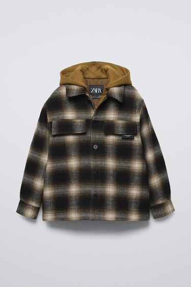 QUILTED CHECK OVERSHIRT WITH HOOD - Black by Zara