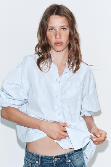 OVERSIZE POPLIN SHIRT - Blue/White by Zara