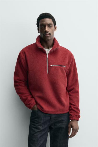 سويت شيرت صوفي بياقة وسحاب - أحمر فاقع الخاص بـ Zara