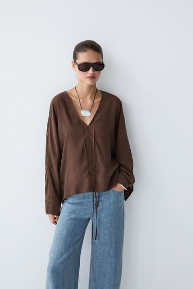 Fluid V-neck tie-front blouse — Brown 2
