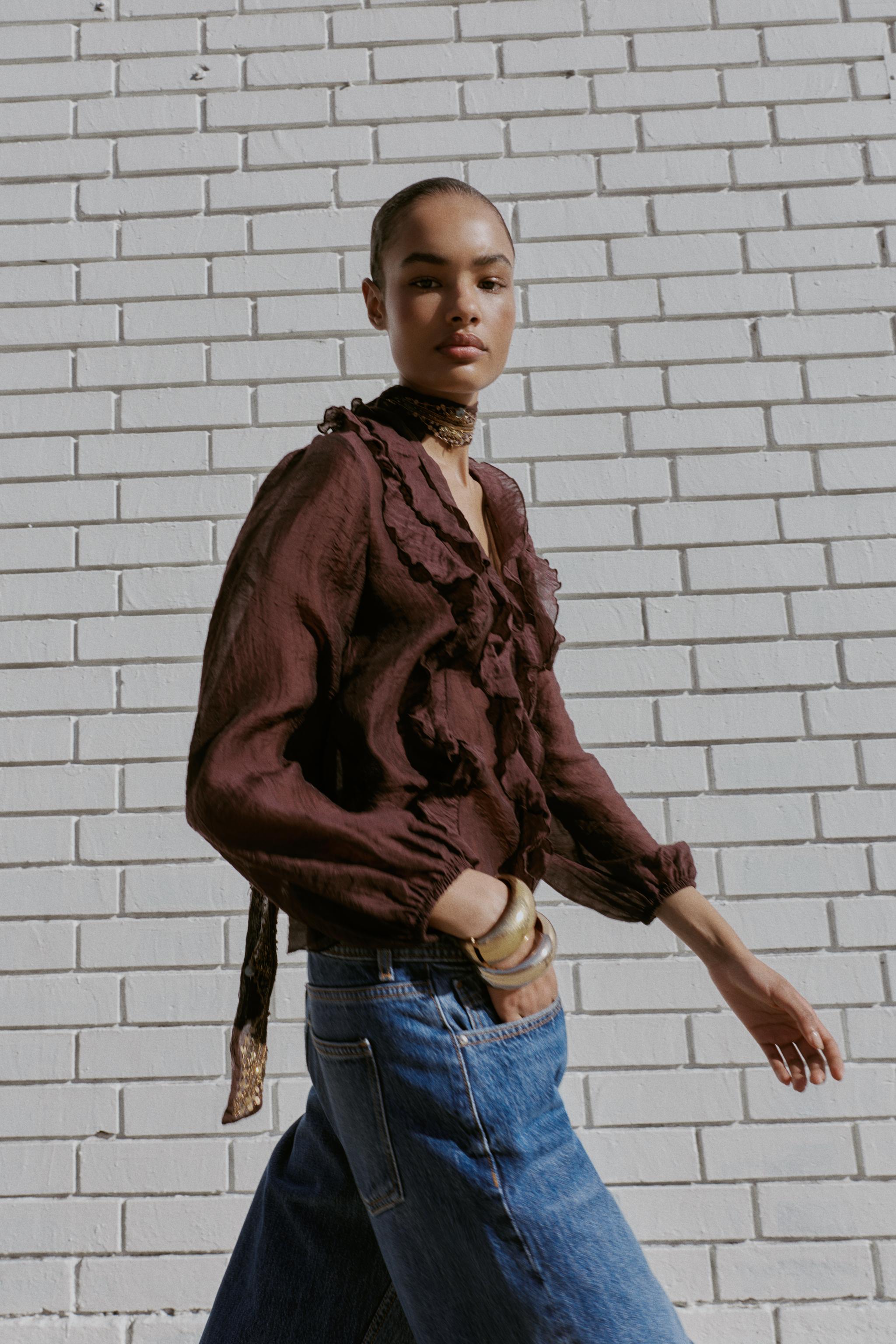 RUFFLED BLOUSE - Brown | ZARA United States