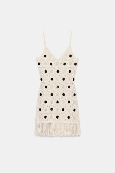 ROBE EN MAILLE À MIROIRS ET FRANGES - Écru de Zara - Image 4