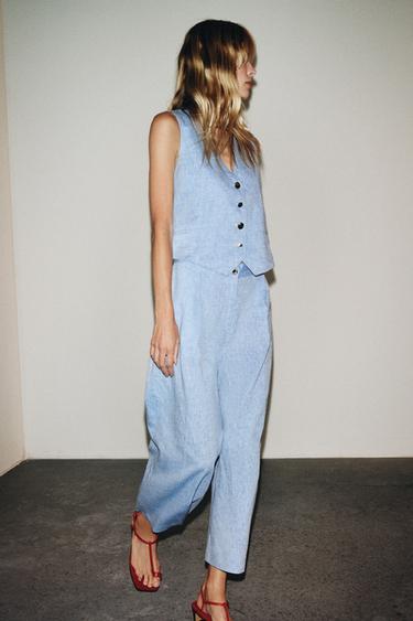 LINEN BLEND WAISTCOAT JUMPSUIT - Light blue by Zara - Image 4