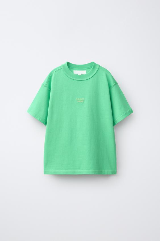 Zara HEAVYWEIGHT EMBROIDERED TEXT T-SHIRT - Green - Image 0