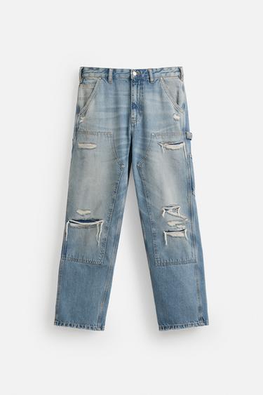 Zara WASHED CARPENTER POCKET PANTS - Blue