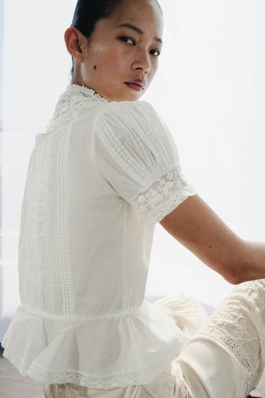 EMBROIDERED LACE PLEATED BLOUSE - Oyster-white by Zara - Image 2