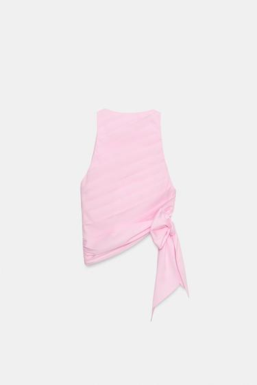 FITTED HALTER NECK POPLIN TOP WITH PLEATS AND BOW - Pink by Zara - Image 3