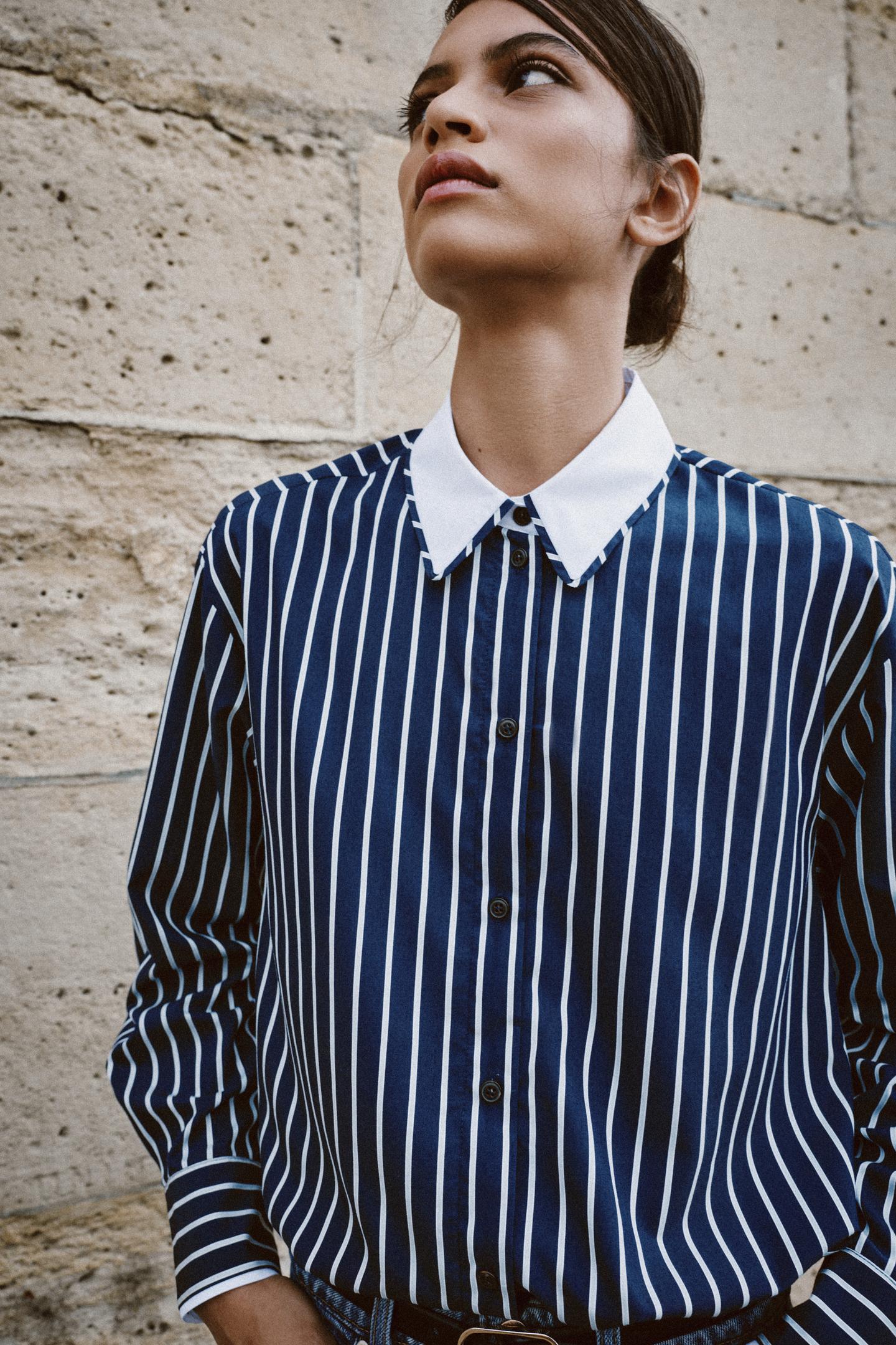 Женская рубашка Zara Striped Poplin, цвет: Синий / Тёмно-синий — фото 4