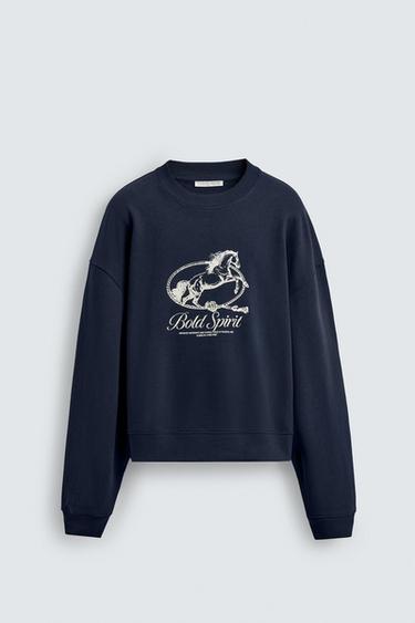 クルーネック馬プリントスウェットシャツネイビーブルーZaraのクルーネック馬プリントスウェットシャツ - ネイビーブルー 